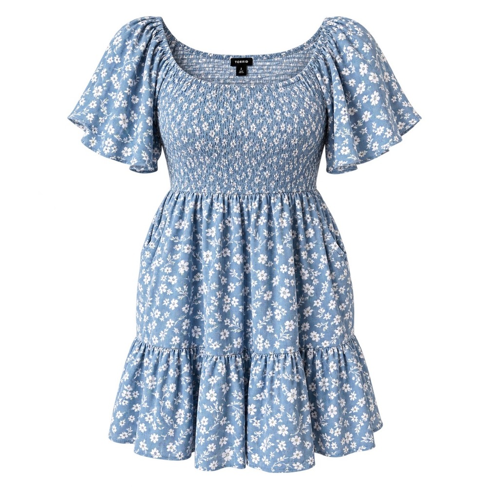 Torrid Mini Dress Womens 2 Blue White Floral Smocked Pockets Cottagecore Fairy